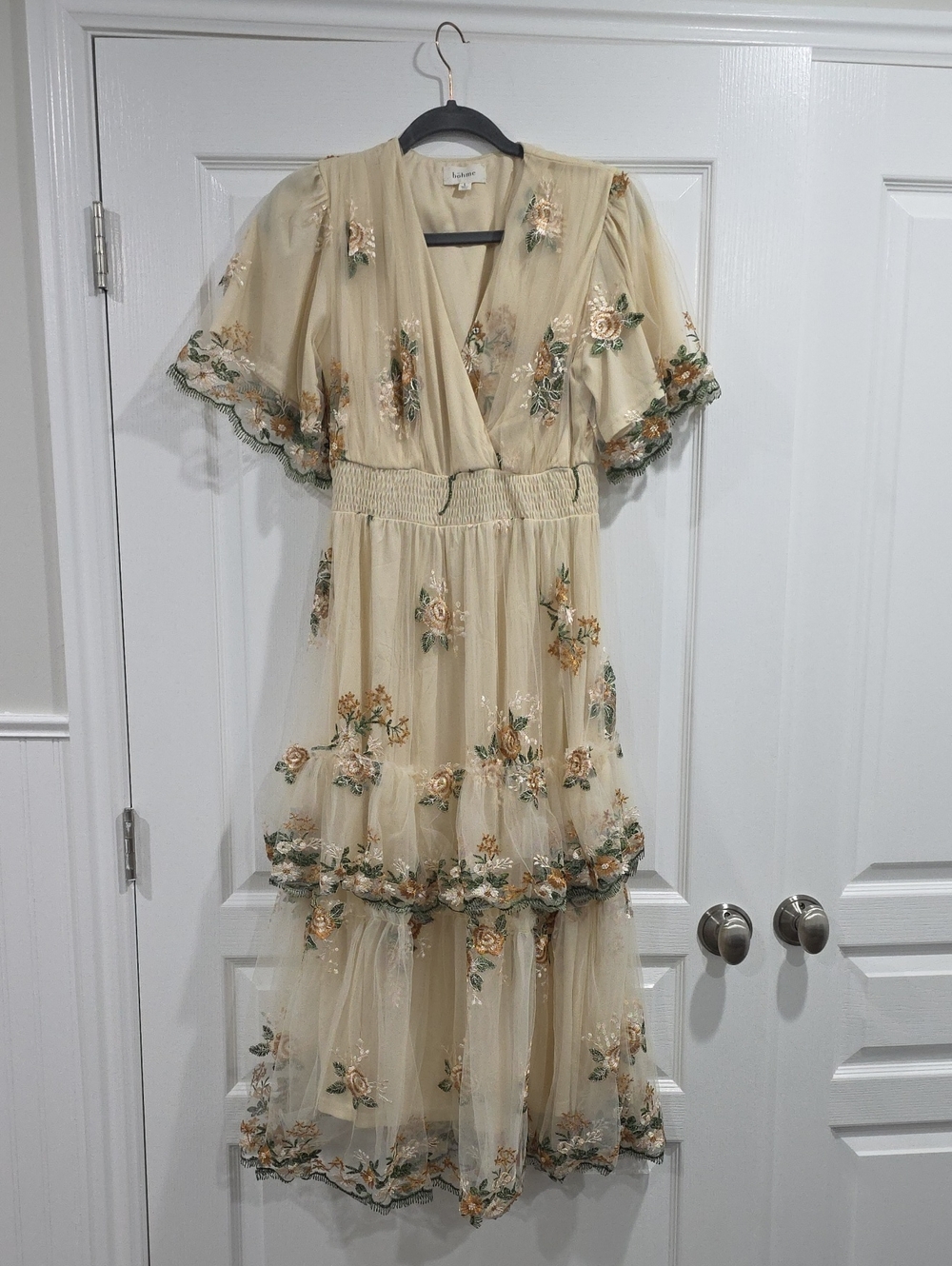 Floral Embroidered Cream Tiered Midi Dress